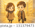 冬の街を笑顔で並んで歩くちびキャラビジネスマンとOL 131379473