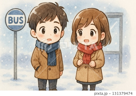 雪のバス停で会話するちびキャラビジネス男女 131379474