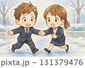 雪道で滑りそうになって手を取り合うちびキャラビジネスマンとOL 131379476