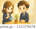 オフィスで植物に水をあげるちびキャラ社員たち 131379478