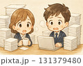 大量の書類に困惑するちびキャラ社員たち 131379480
