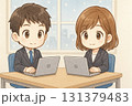 雪景色を背に並んで作業するちびキャラビジネス男女 131379483