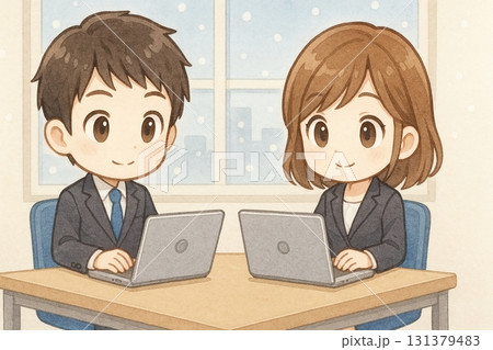 雪景色を背に並んで作業するちびキャラビジネス男女 131379483