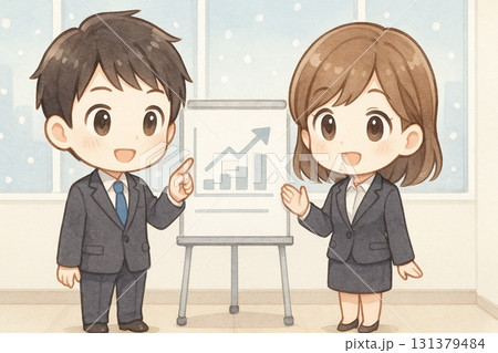 成長グラフを示し説明するちびキャラビジネスチーム 131379484