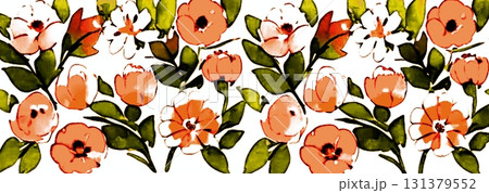 背景素材 シームレスパターン 水彩画風イラスト 花柄 オレンジ 背景素材 シームレスパターン 水彩画風イラスト 花柄 オレンジ 131379552