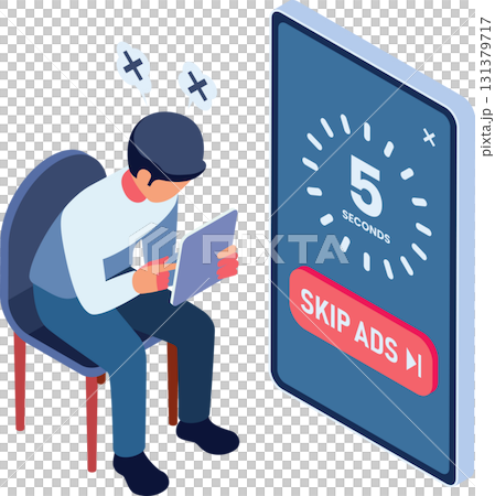 Isometric Frustrated User Waiting to Skip Online Advertisement Isometric Frustrated User Waiting to Skip Online Advertisement 131379717
