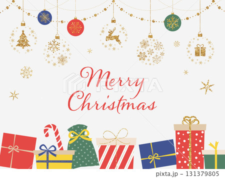 クリスマスプレゼントとオーナメントの背景白_文字あり_ベクターイラスト クリスマスプレゼントとオーナメントの背景白_文字あり_ベクターイラスト 131379805