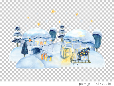 Christmas winter seamless pattern, igloo, snowdrift, holiday landscape background. Watercolor icehouse, sled, snowman, New year scenery, snowfall and footprint. Decorated tree, gift, wrapping paper 131379916
