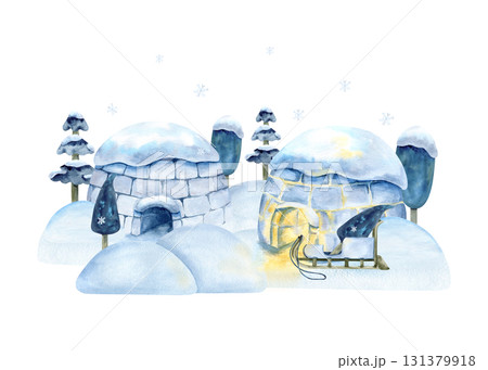 Watercolor winter landscape with igloo, snowdrift, forest and wooden sled. Snow scenery illustration, snowfall, Inuit ice house with illumination. For book design, North, Arctic article, decoration 131379918