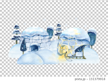 Watercolor winter landscape with igloo, snowdrift, forest and wooden sled. Snow scenery illustration, snowfall, Inuit ice house with illumination. For book design, North, Arctic article, decoration 131379918