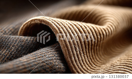 Corduroy jacket. Close up of textured brown and black fabric with wavy pattern, showcasing intricate details and soft material 131380037