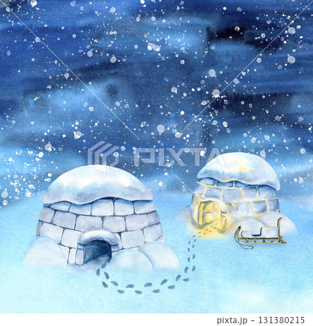 Winter night Inuit landscape, igloo, wooden sled, footprint on snow, snowdrift, snowfall on night sky. Watercolor scenery, illuminated ice house with snow on top. North, Arctic design for card, book 131380215