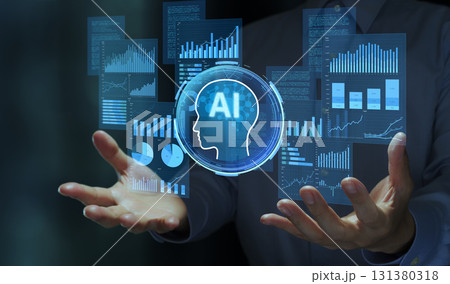 AI搭載の自動レポート生成システム。リアルタイム拡張分析。レポートとAIアイコンを持つビジネスパーソ AI搭載の自動レポート生成システム。リアルタイム拡張分析。レポートとAIアイコンを持つビジネスパーソ 131380318