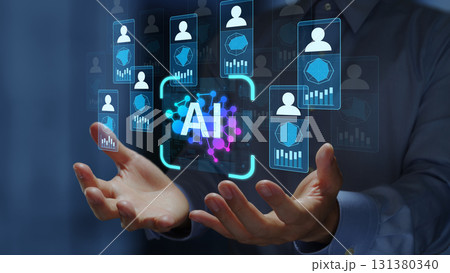 AIを利用した人事評価と業績考課。評価スコアの自動レビュー。AIアイコンとチャートを持つビジネスパー 131380340