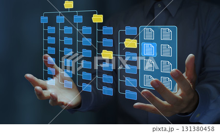 ドキュメント管理とアーカイブシステム。文書と記録の管理。フォルダー構造とファイルアイコンを持つビジネ 131380458