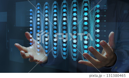 ニューラルネットワーク図。人工知能およびディープラーニング技術の研究。AIモデルのチャートを持つビジ 131380465