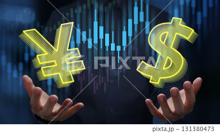 円とドルのシンボルとローソク足チャート。金融市場における為替レート。¥と$の記号を持っている外国為替 131380473