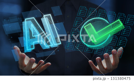 AIによるコンプライアンス監視。法律文書の自動レビュー。AIアイコンとチェックマークアイコンを持つビ 131380475