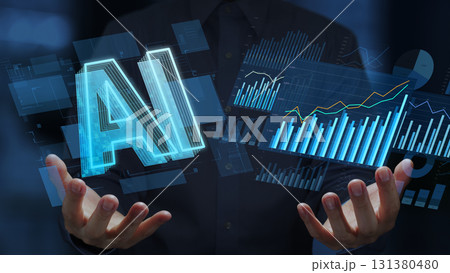 AI搭載のデータ分析。拡張分析。自動化されたビジネスインテリジェンスダッシュボード。AIアイコンとチ 131380480