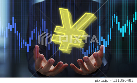 円の記号とローソク足チャート。金融市場における為替レート。¥記号を持っている外国為替トレーダー。 円の記号とローソク足チャート。金融市場における為替レート。¥記号を持っている外国為替トレーダー。 131380493