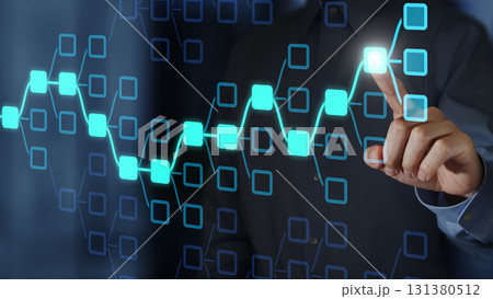 決定木ダイアグラム。シナリオ分析と戦略的計画。AIと機械学習アルゴリズム。ダイアグラムをタップするビ 131380512