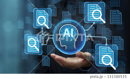 AI搭載のドキュメント検索。企業内部知識のセマンティック検索。人工知能アイコンを持つビジネスパーソン 131380535