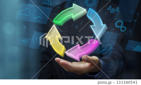 継続的改善サイクル。ビジネス戦略におけるフィードバックループ。意思決定とモニタリング。矢印アイコンを 131380541