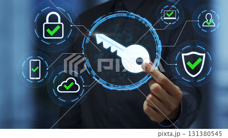 パスキーと安全なパスワードレス認証技術。暗号鍵アイコンを持つビジネスパーソン。 131380545