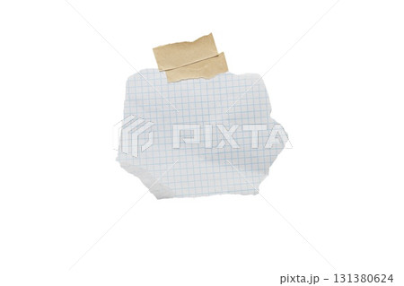 Torn piece of school notebook in a cage with beige tape isolated on white background Torn piece of school notebook in a cage with beige tape isolated on white background 131380624