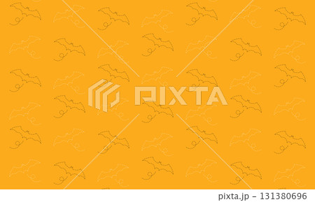 破線でできた飛ぶこうもりのシルエットの模様が並ぶオレンジの壁紙 131380696