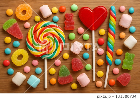 Colorful Assortment of Candies Including Lollipops Gumdrops and Marshmallows on Wooden Surface Horizontal 131380734