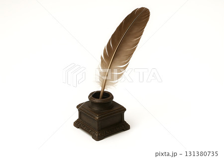 Vintage Inkwell With Brown Goose Feather Quill on Ornate Desk Horizontal Vintage Inkwell With Brown Goose Feather Quill on Ornate Desk Horizontal 131380735