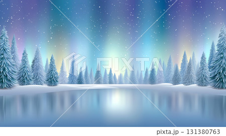 湖に映るオーロラと針葉樹が織りなす幻想的な冬景色 131380763