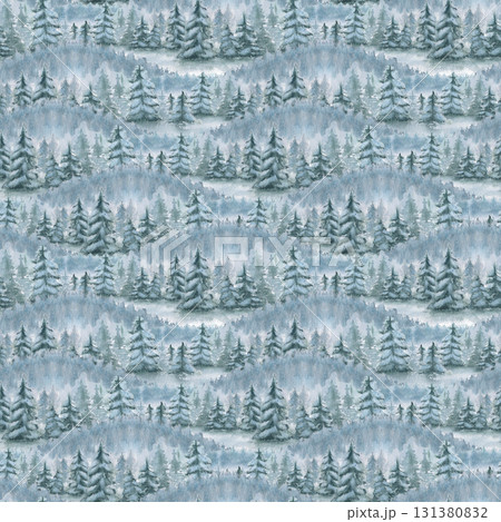 Winter landscape scene of snowy firs spruce, foggy forest peaks watercolor seamless pattern isolated. Pine woodland soft colors repeated background hand drawn for Christmas packaging, textile, paper. Winter landscape scene of snowy firs spruce, foggy forest peaks watercolor seamless pattern isolated. Pine woodland soft colors repeated background hand drawn for Christmas packaging, textile, paper. 131380832
