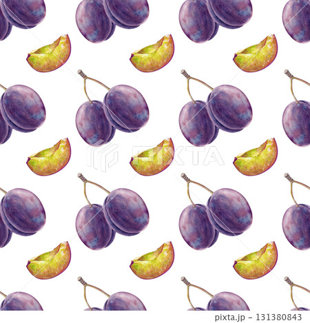 Watercolor seamless pattern with ripe plums, whole and lobed, on a white background. Botanical illustration of fruits for use in cooking or gardening. For textiles, tableware or packaging Watercolor seamless pattern with ripe plums, whole and lobed, on a white background. Botanical illustration of fruits for use in cooking or gardening. For textiles, tableware or packaging 131380843