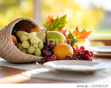 Wicker basket with different fresh vegetables, fruits and autumn leaves on sunlight background. AI Generated. 131381125