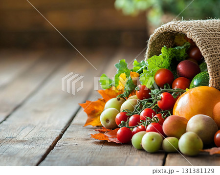 Warm autumn vibes. Fruits and Vegetables on rustic wood. Autumn background for Thanksgiving. AI Generated. 131381129