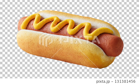 3D illustration of a hot dog with mustard sauce on a transparent background (png) 131381456