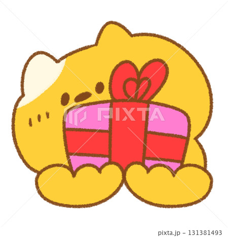 プレゼントを渡すかわいいネコの手描きイラスト プレゼントを渡すかわいいネコの手描きイラスト 131381493