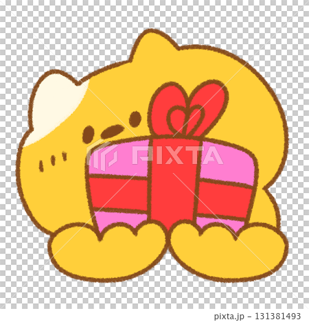 プレゼントを渡すかわいいネコの手描きイラスト プレゼントを渡すかわいいネコの手描きイラスト 131381493