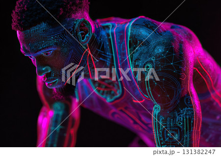 The man's athletic body is covered in digital cyberlines and glowing dots. Sport and innovation. 131382247