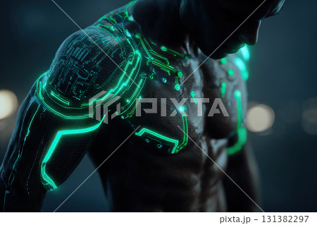 Cyberman. An African American man's torso is covered in digital neon lines. The implantation of technology into the human body. 131382297