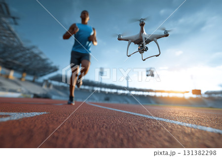 A drone flies ahead of a runner running at a sports stadium, filming him. 131382298