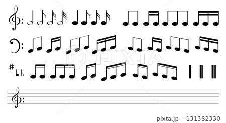 Music notes, treble clef and a staff 131382330