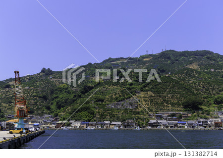 青空と緑の山々に囲まれた愛媛県八幡浜港の夏の風景 青空と緑の山々に囲まれた愛媛県八幡浜港の夏の風景 131382714