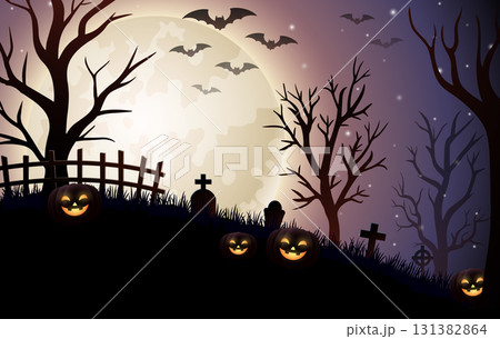 Halloween night background with pumpkins, bats, graveyard and full moon 131382864