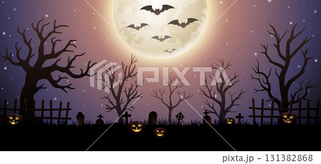 Halloween night background with scary pumpkins, bats and full moon 131382868