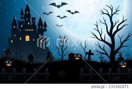 Halloween night background with castle, graveyard and full moon Halloween night background with castle, graveyard and full moon 131382871