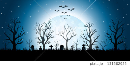 Halloween night background with cemetery, bats and full moon 131382923