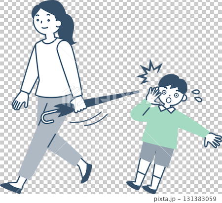 A woman walking while holding an umbrella in a dangerous way 131383059